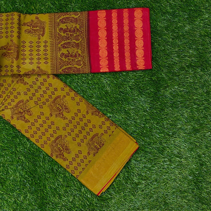 Olive Green Sungudi Cotton Saree with Maroon Traditional Border