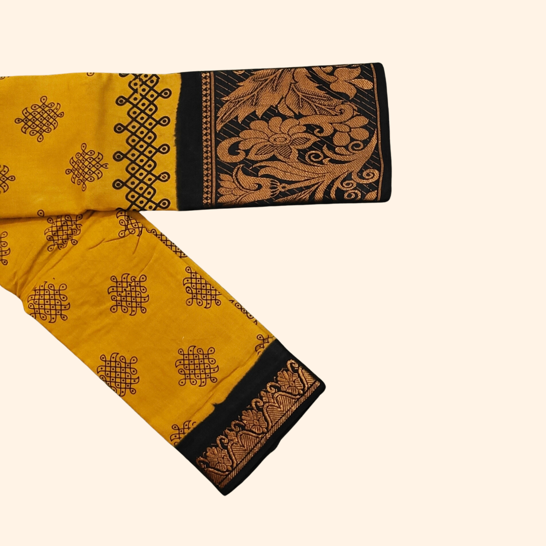 Mustard Yellow Kolam Cotton Saree with Black Floral Border