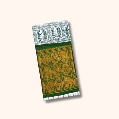 Beautiful White Sungudi Cotton Saree with Green Elephant Border
