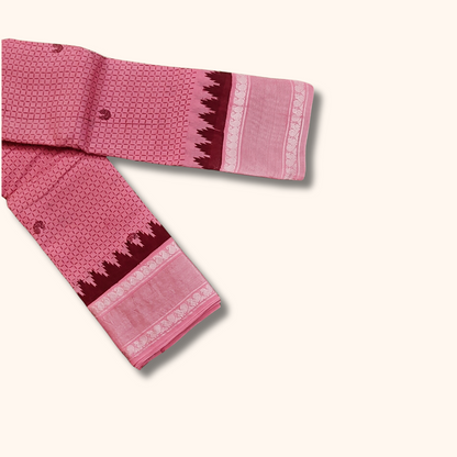 Baby Pink Sungudi Cotton Saree with Silver Zari Temple Border