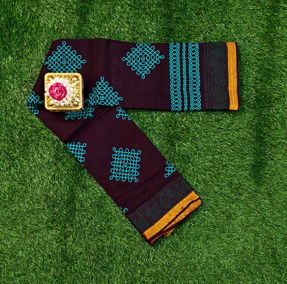Dark Maroon Sungudi Cotton Saree with Turquoise Kolam Design