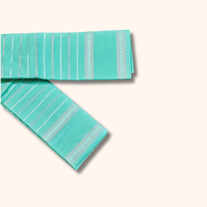 Mint Green Cotton Saree with White Stripe Design – Running Blouse