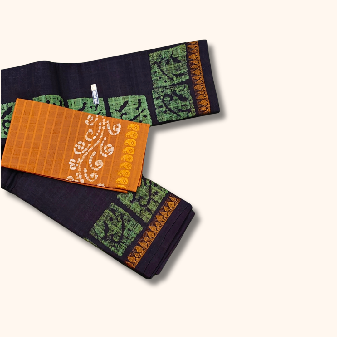 Dark Ink Blue Sungudi Cotton Saree with Traditional Batik Motifs & Contrast Mustard Blouse Piece