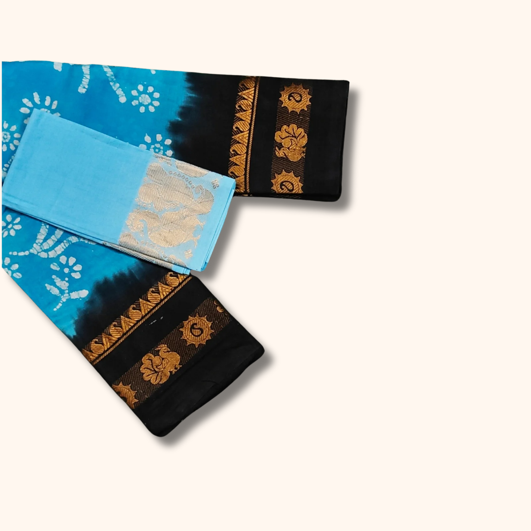 Sky Blue Batik Sungudi Cotton Saree with Black Contrast Border