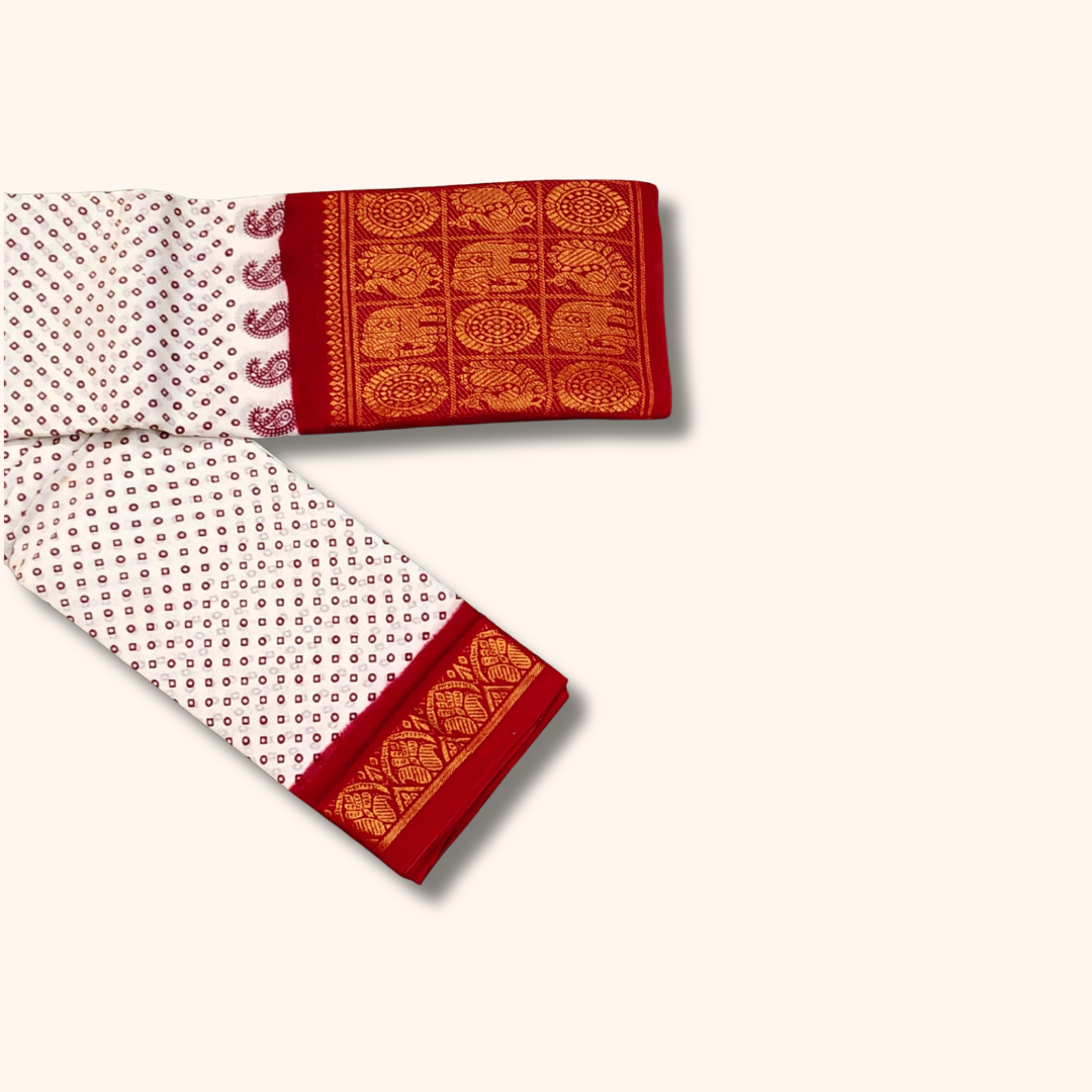 Off White Dot Print Cotton Saree with Red Elephant Zari Border