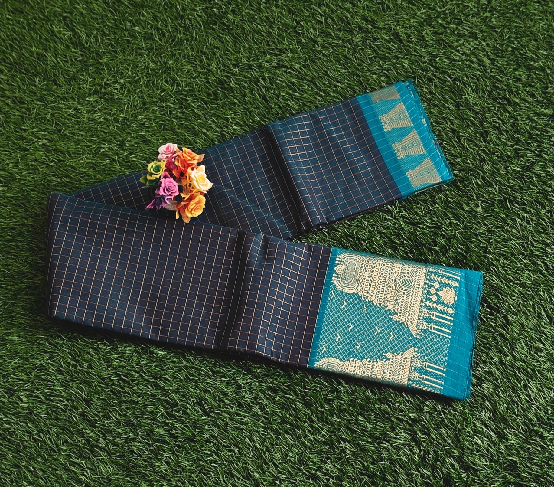 Chettinad Cotton Saree with Meenakshi Gopuram Border – Navy Blue & Teal