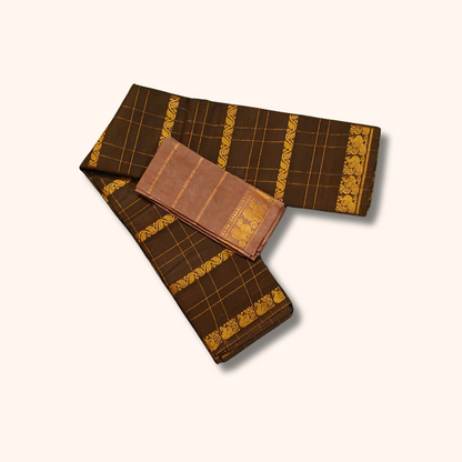 Dark Brown Pure Sungudi Cotton Saree with Gold Zari Checks & Paisley Border
