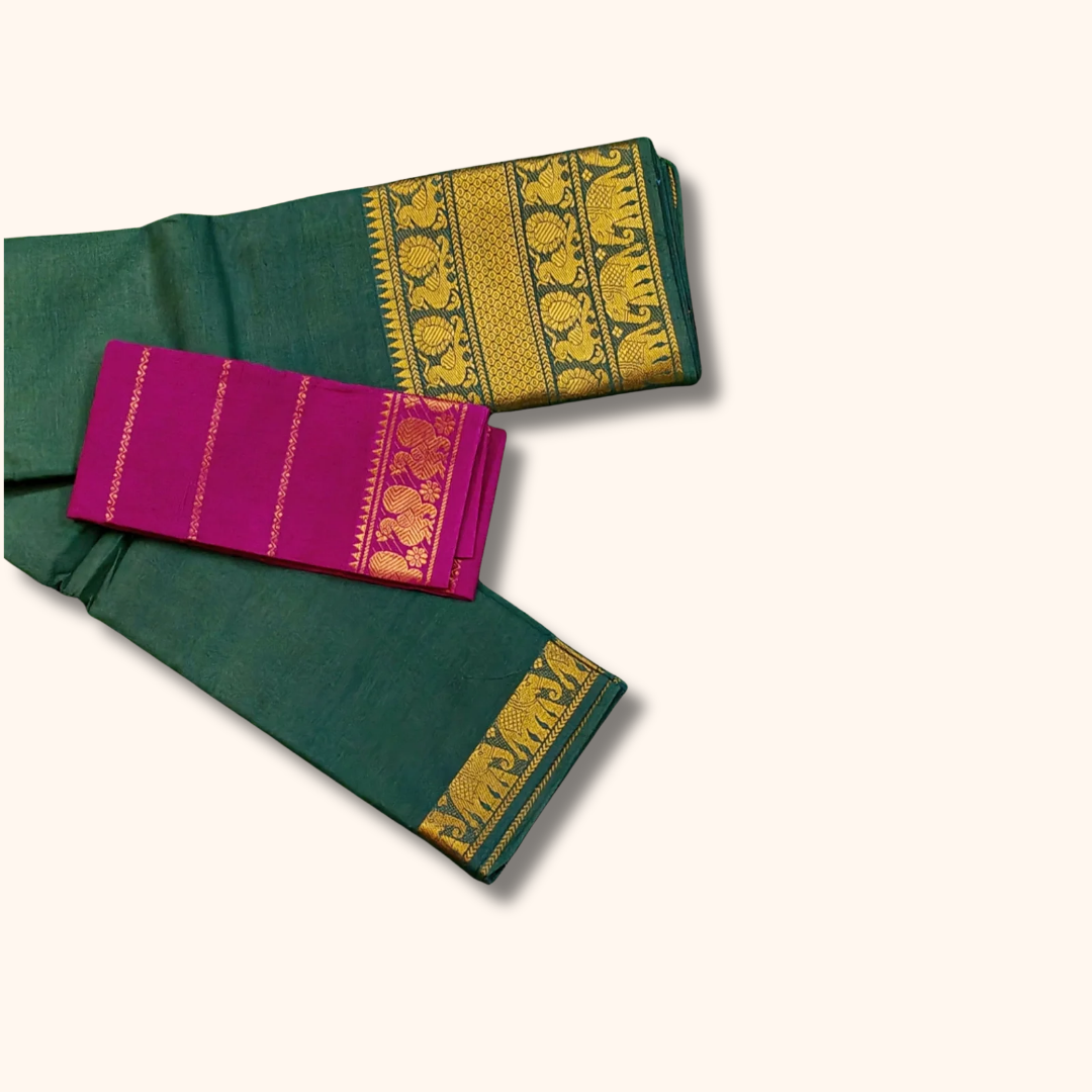 Bottle Green Pure Cotton Saree with Magenta Contrast Blouse
