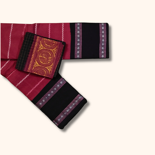 Deep Magenta Sungudi Cotton Saree with Black Contrast Blouse