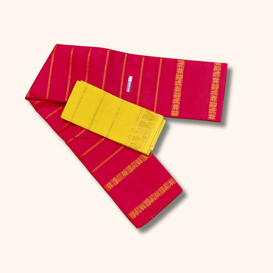 Magenta Pink Cotton Saree with Golden Stripes & Traditional Border – Yellow Blouse Piece