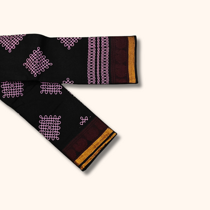 Black Kolam Print Cotton Saree with Maroon & Gold Border