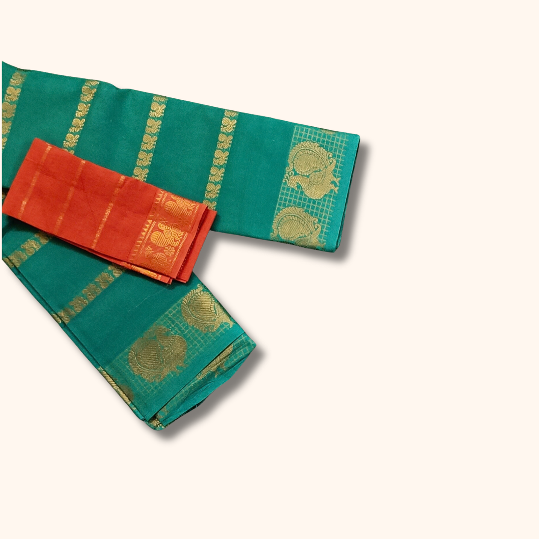Teal Green Cotton Saree with Gold Zari Stripes & Peacock Border – Separate Coral Orange Blouse Piece