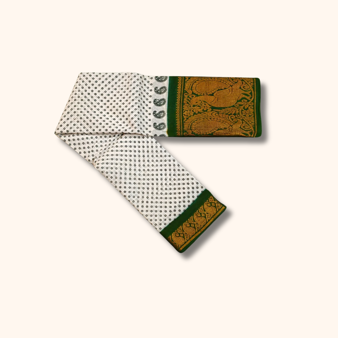White & Green Peacock Design Sungudi Cotton Saree