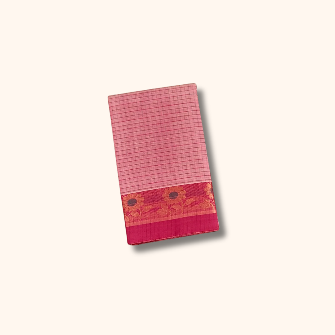 Pink Checked Thread Work Zari Chettinad Cotton Saree