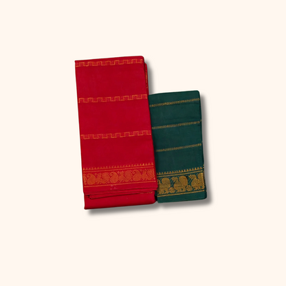 Red Sungudi Cotton Saree with Gold Zari Border & Peacock Green Separate Blouse