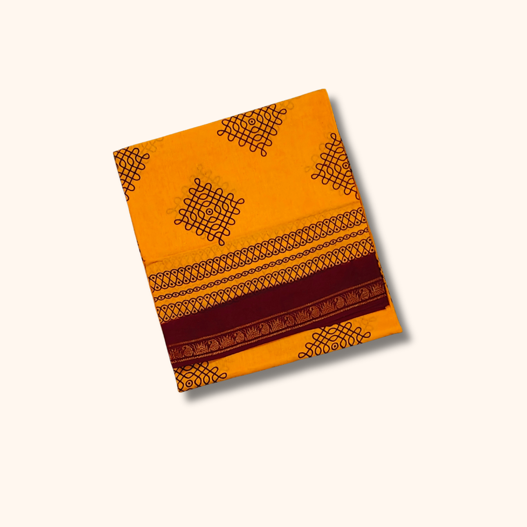 Mustard Yellow Sungudi Cotton Saree with Maroon Border