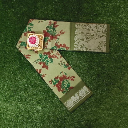 Olive Green Floral Cotton Saree with Peacock Zari Border
