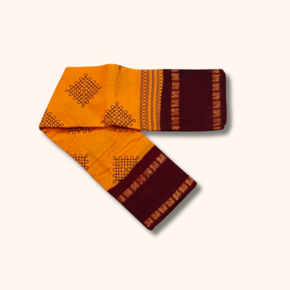 Mustard Yellow Sungudi Cotton Saree with Maroon Border & Gold Zari
