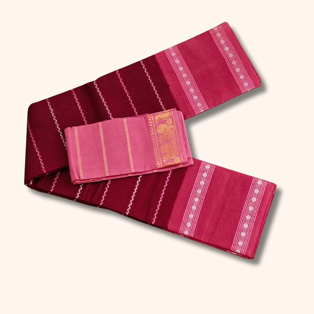 Maroon Sungudi Cotton Saree with Pink Peacock Border Blouse