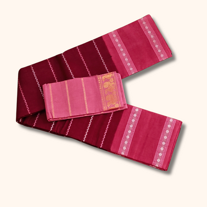 Maroon Sungudi Cotton Saree with Pink Peacock Border Blouse