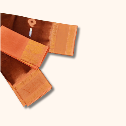 Brown & Peach Cotton Saree with Zari Border and Separate Blouse Piece