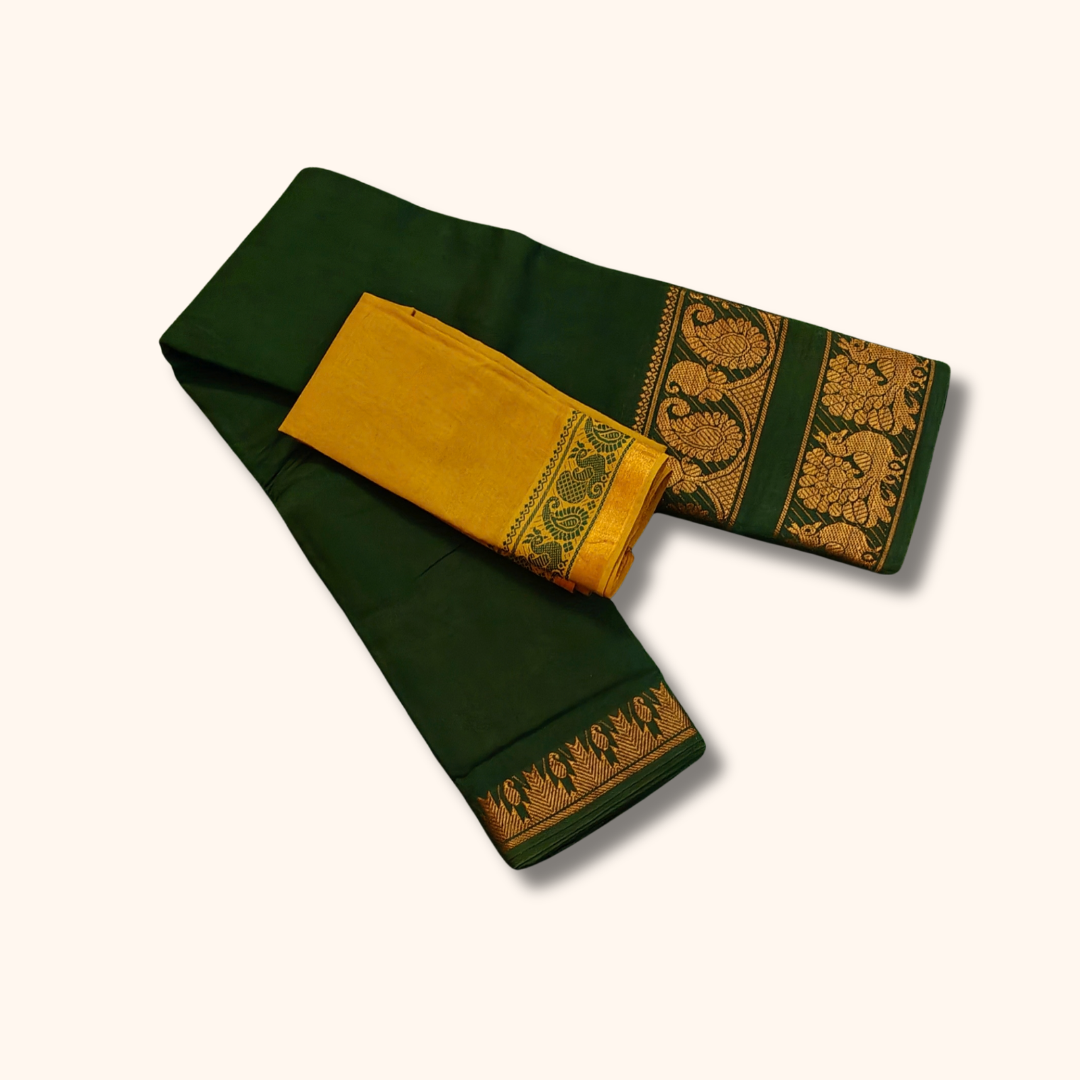 Dark Green Cotton Saree with Gold Zari Peacock Border & Mustard Yellow Separate Blouse Piece