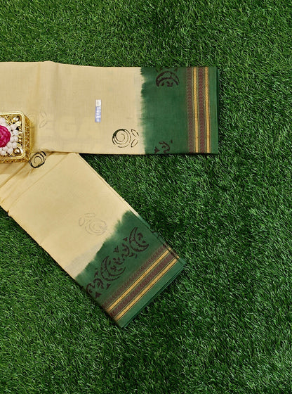 Beige Sungudi Cotton Saree with Green Border & Running Blouse