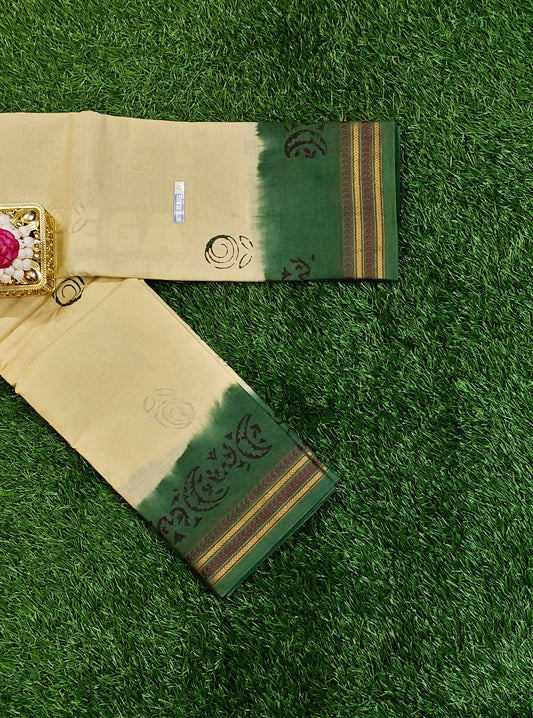 Beige Sungudi Cotton Saree with Green Border & Running Blouse