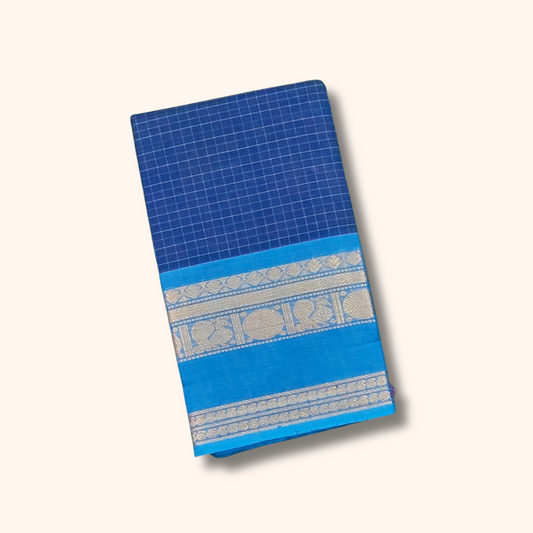 Navy Blue Chettinad Cotton Saree with Ganga Jamuna Border
