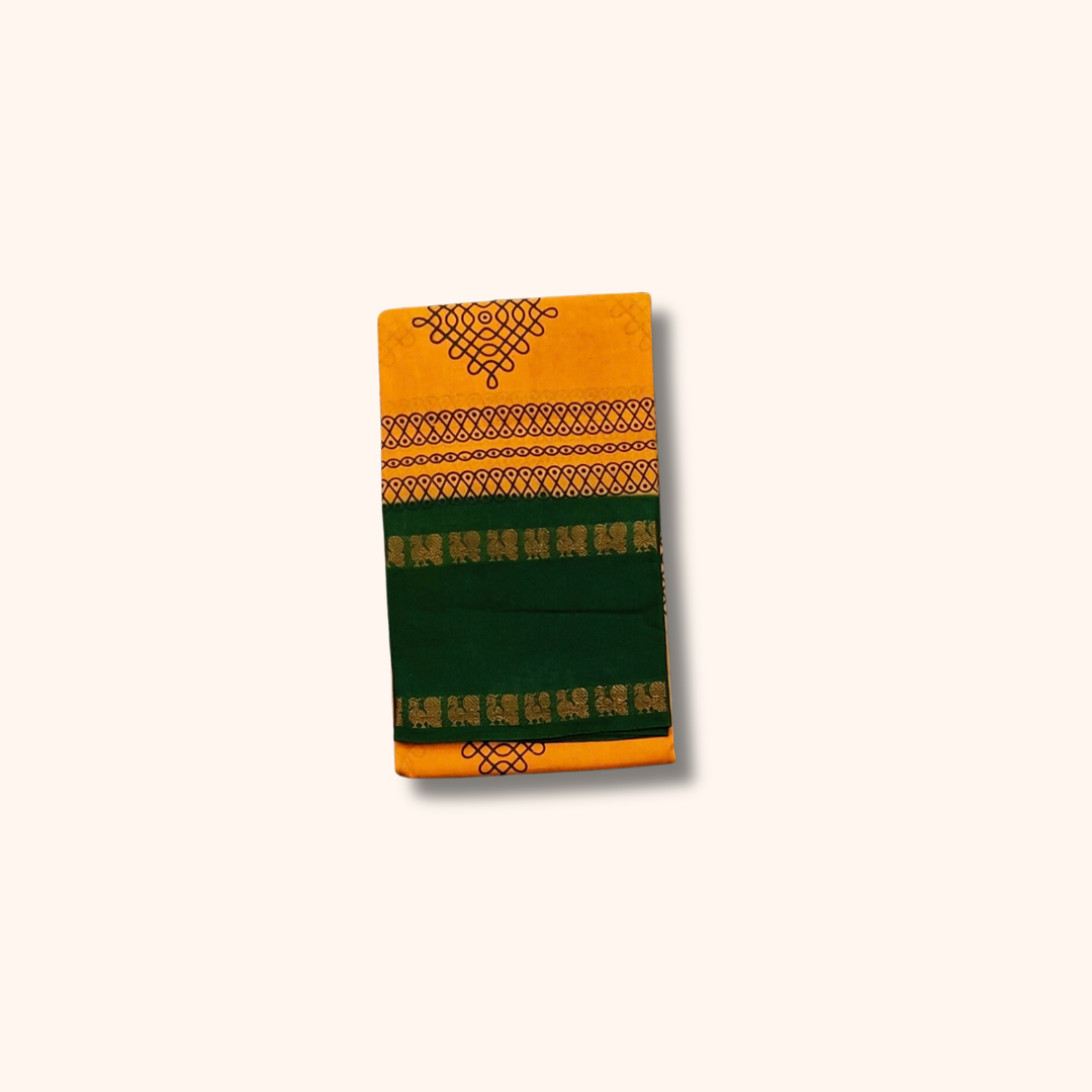 Mustard Yellow Sungudi Cotton Saree with Bottle Green Traditional Border – Running Blouse