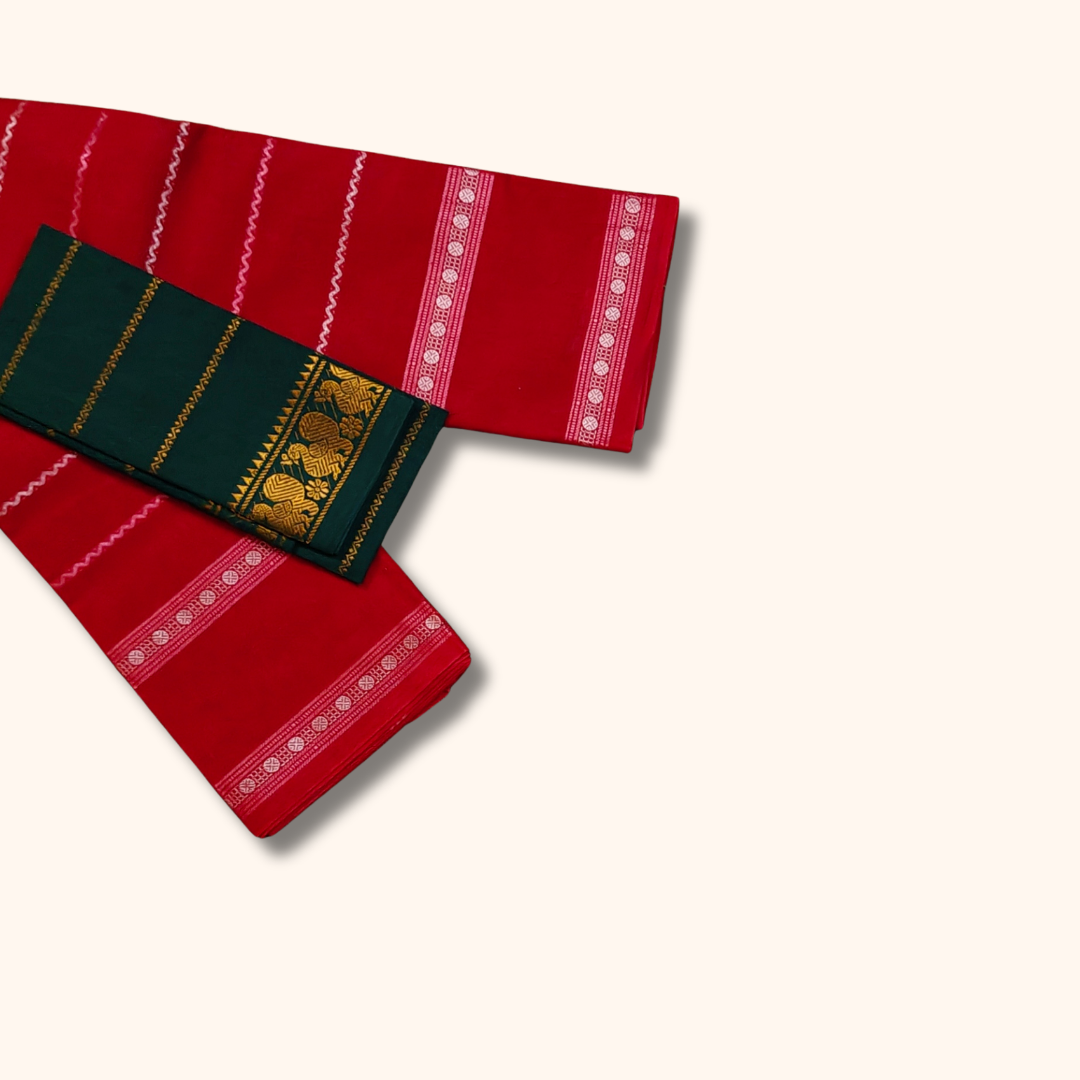 Bright Red Cotton Saree with Bottle Green Separate Blouse Piece