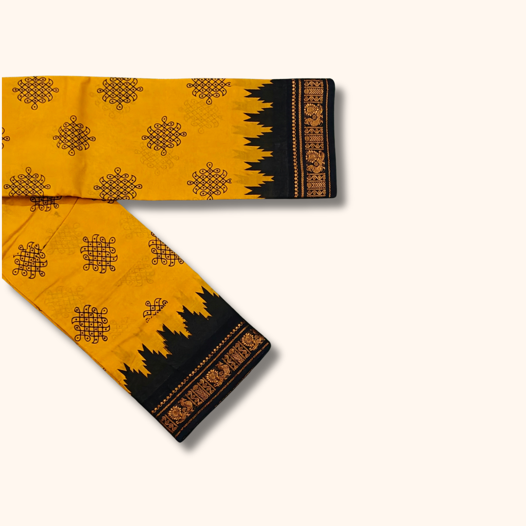 Mustard Yellow & Black Temple Border Kolam Sungudi Cotton Saree