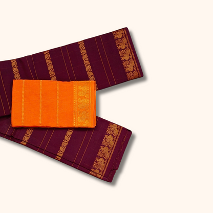 Wine Maroon Cotton Saree with Gold Zari Stripes & Traditional Border – Separate Blouse