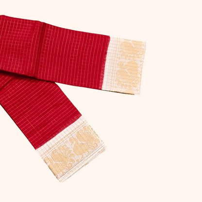 Red Sungudi Cotton Saree with Cream Gold Zari Border – Running Blouse
