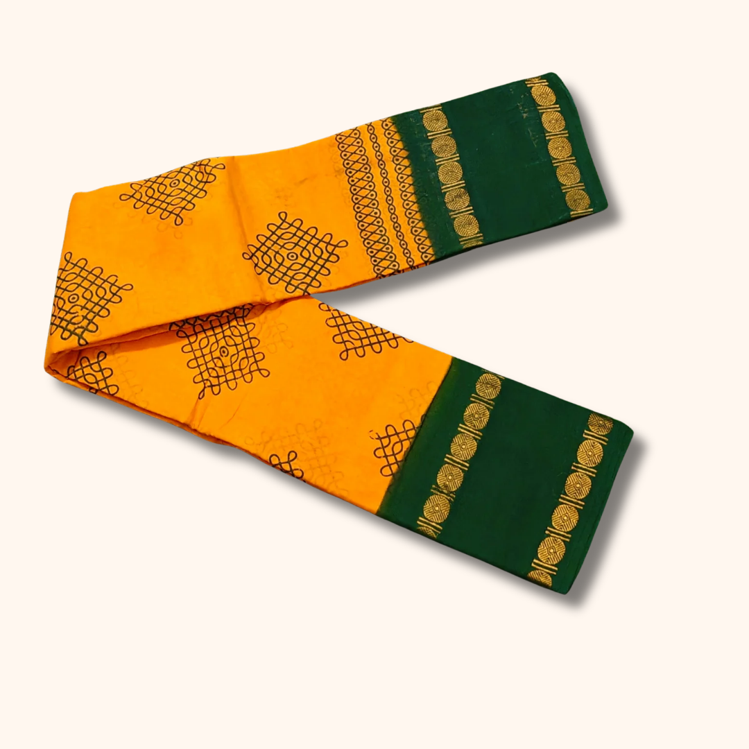 Mustard Yellow Sungudi Kolam Cotton Saree with Emerald Green Border