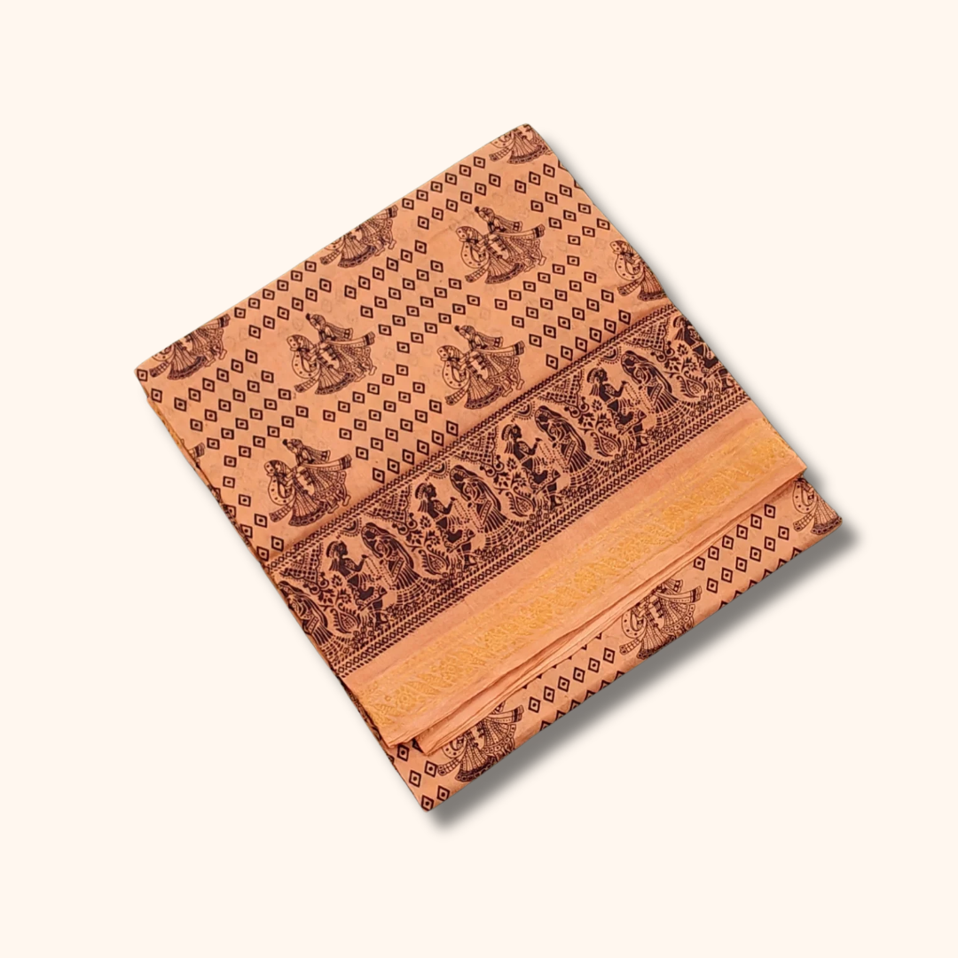 Beige Folk Art Print Cotton Saree with Traditional Border
