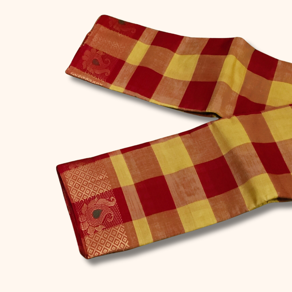 Traditional Checked Chettinad Cotton Saree in Red & Mustard with Peacock Border