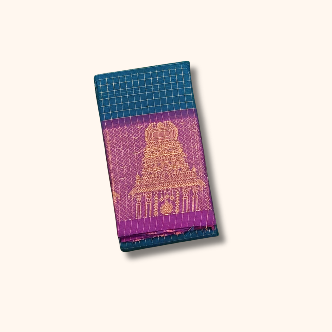 Teal Blue Chettinad Cotton Saree with Gopuram Border