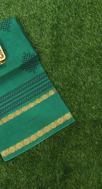 Emerald Green Kolam Design Sungudi Cotton Saree with Traditional Zari Border