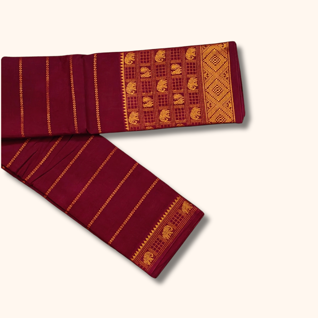 Maroon Cotton Saree with Traditional Gold Elephant Border – Running Blouse
