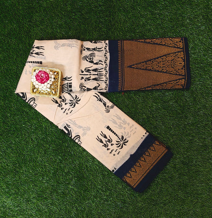 Beige Printed Sungudi Cotton Saree with Navy Blue Zari Border