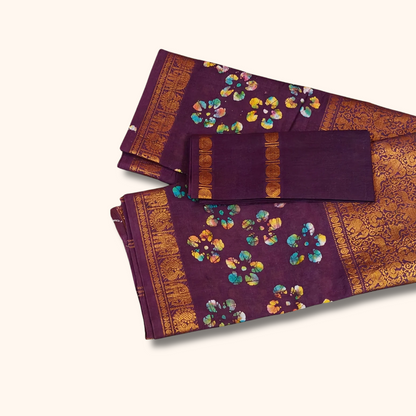 Maroon Batik Floral Sungudi Cotton Saree with Elephant Zari Border & Separate Blouse Piece