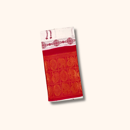 White Peacock Printed Sungudi Cotton Saree with Elephant Border