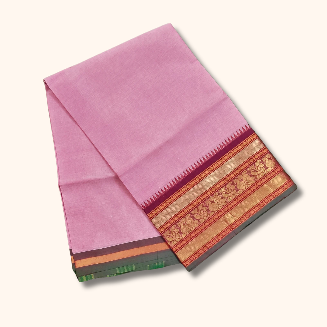 Baby Pink Cotton Saree with Traditional Zari Border