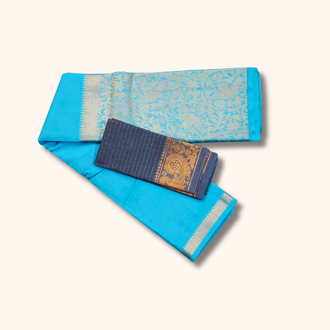 Sky Blue Vasigara Pattern Sungudi Cotton Saree with Blue Separate Blouse Piece