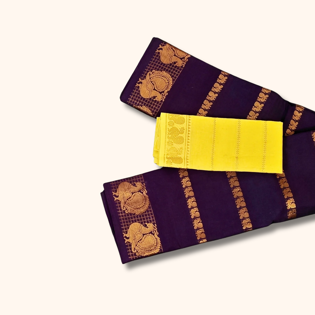 Deep Purple Cotton Saree with Golden Peacock Border & Yellow Blouse