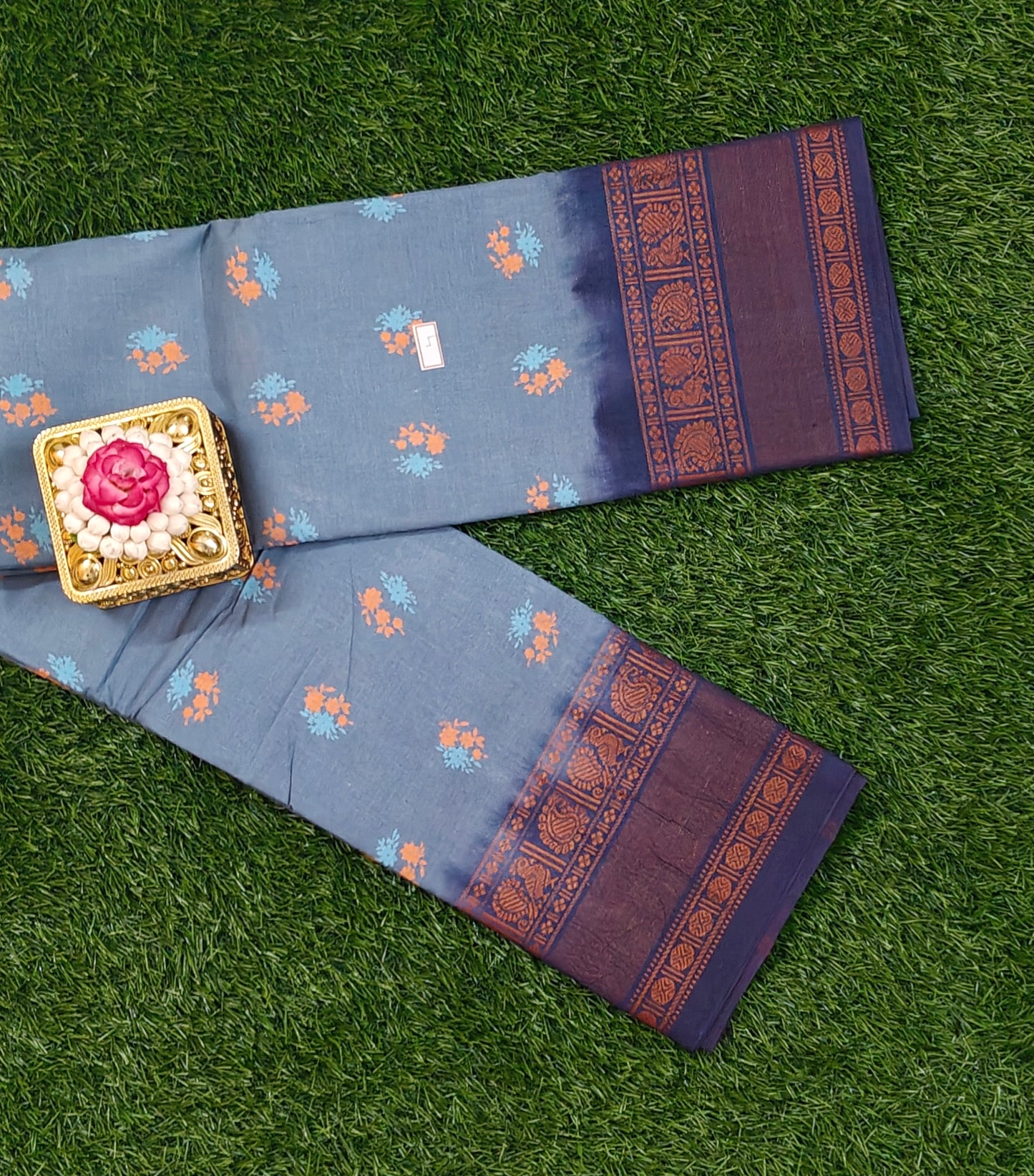 Steel Blue Cotton Saree with Floral Buttas & Contrast Border