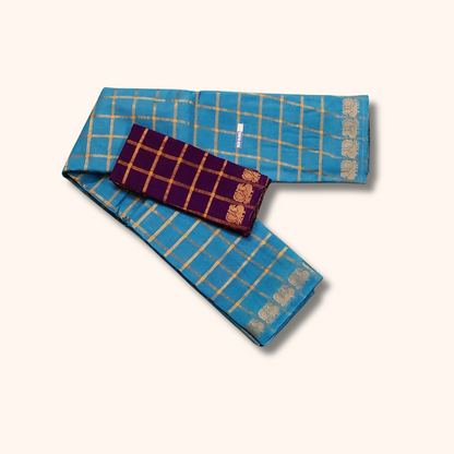 Sky Blue with Gold Checks & Peacock Border Pavithra Kattam Sungudi Cotton Saree