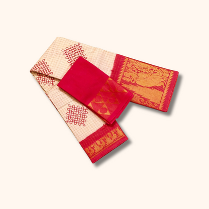 Off-White Checked Kolam Design Sungudi Saree with Pink Border – Separate Blouse