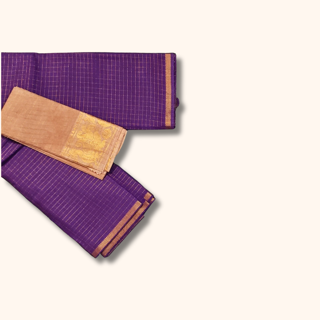 Purple Checked Sungudi Cotton Saree with Beige Peacock Zari Border